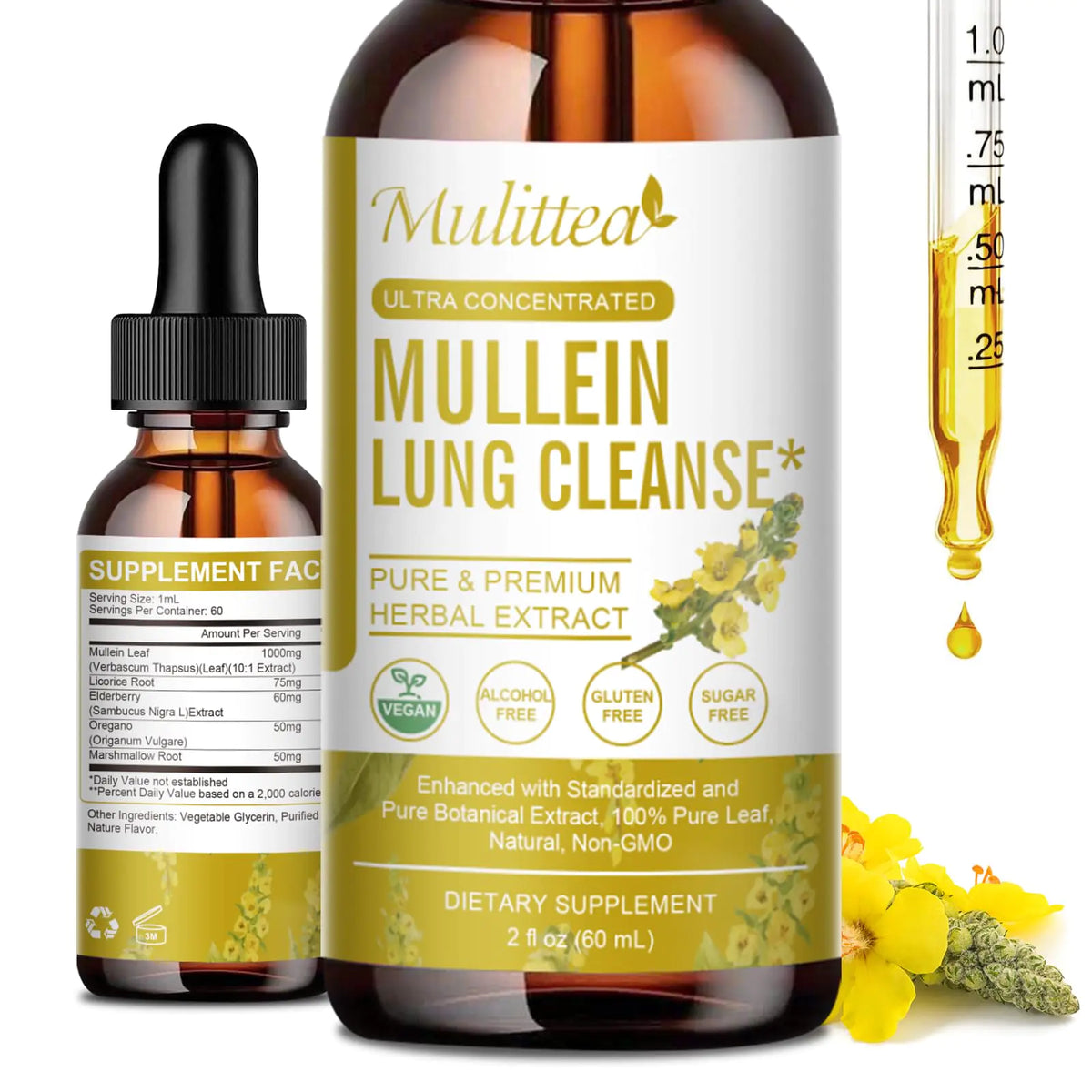 Mulittea Mullein Drops for Lungs-Herbal Extract Liquid-Mullein Leaf-Non-GMO Vegetarian-Lung Cleanse-Respiratory Health Support-4 Fl Oz
